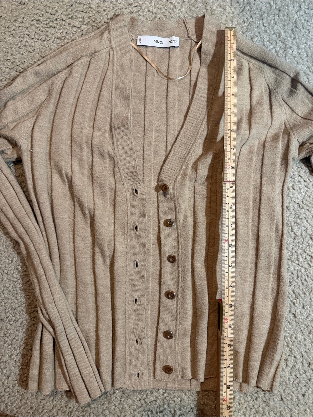 Mango Tan Ribbed V-Neck Button-Front Cardigan, Small - Picture 5 of 5